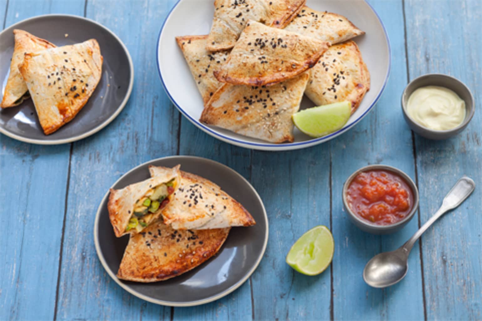 Tortillas façon samoussas (pommes de terre, petits pois et poulet)